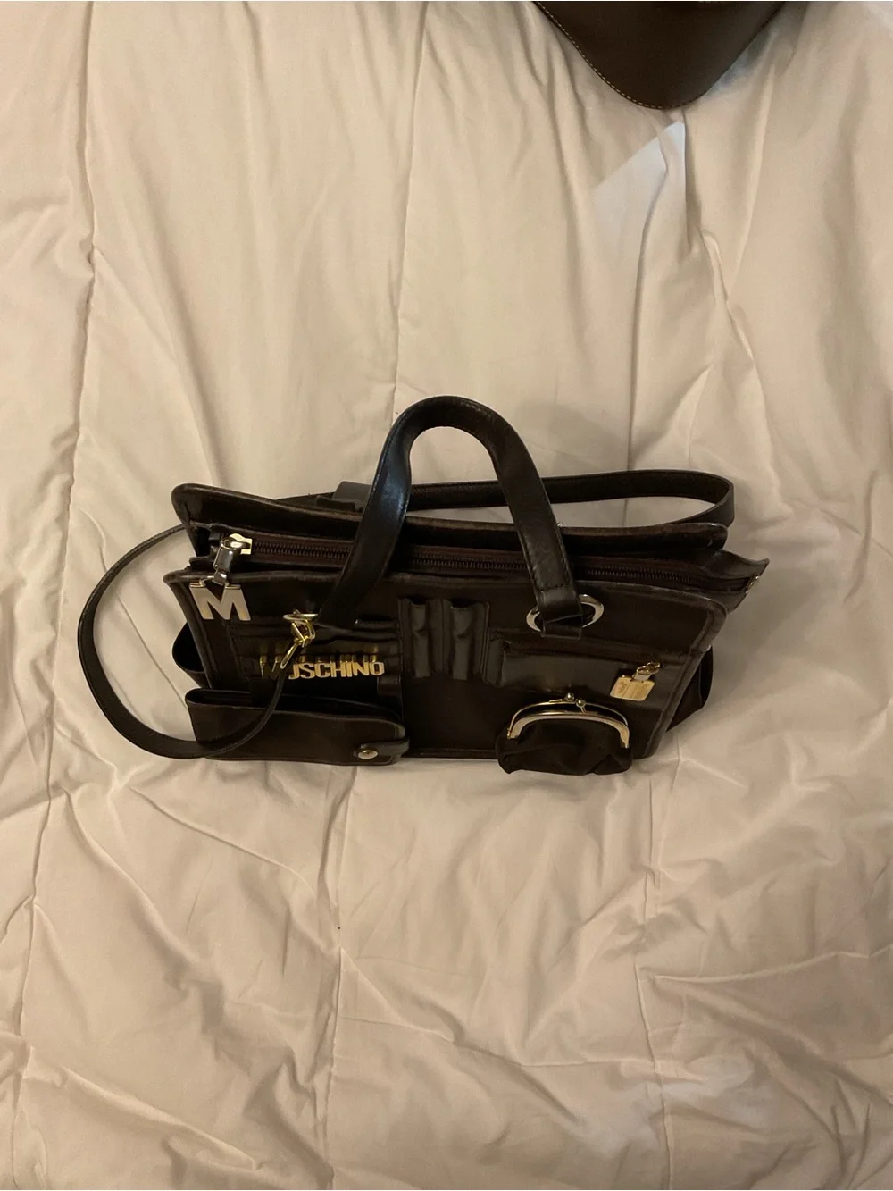 Moschino Dark Brown Leather Multi-Pocket Crossbody Tote